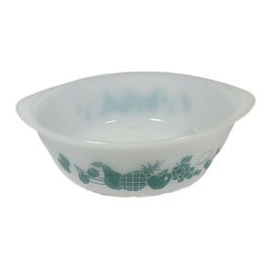 Vintage GLASBAKE US Turquoise FRUIT pattern Nesting MIXING BOWL Milk Glass 2qt
